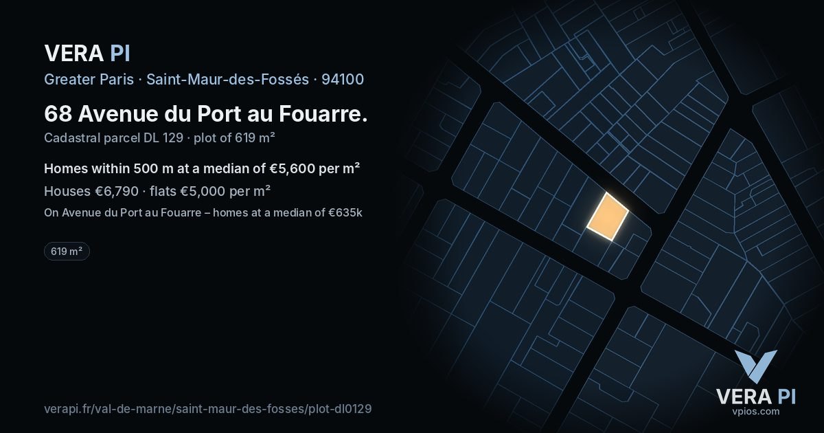 68 Avenue du Port au Fouarre, Saint-Maur-des-Fossés at night – the plot lit, the parcels around coloured by the prices near them