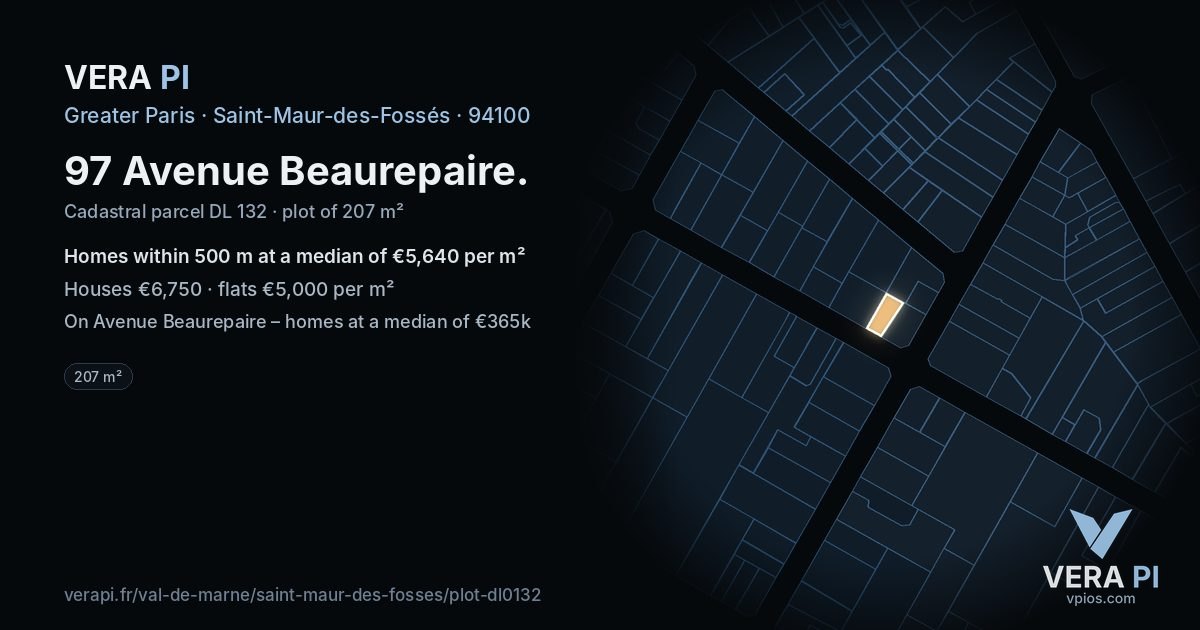 97 Avenue Beaurepaire, Saint-Maur-des-Fossés at night – the plot lit, the parcels around coloured by the prices near them