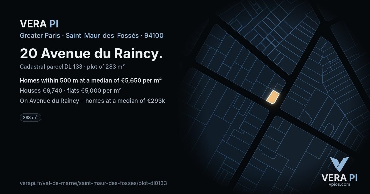 20 Avenue du Raincy, Saint-Maur-des-Fossés at night – the plot lit, the parcels around coloured by the prices near them