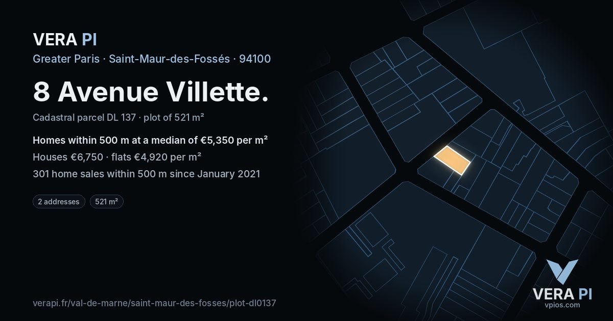 8 Avenue Villette, Saint-Maur-des-Fossés at night – the plot lit, the parcels around coloured by the prices near them