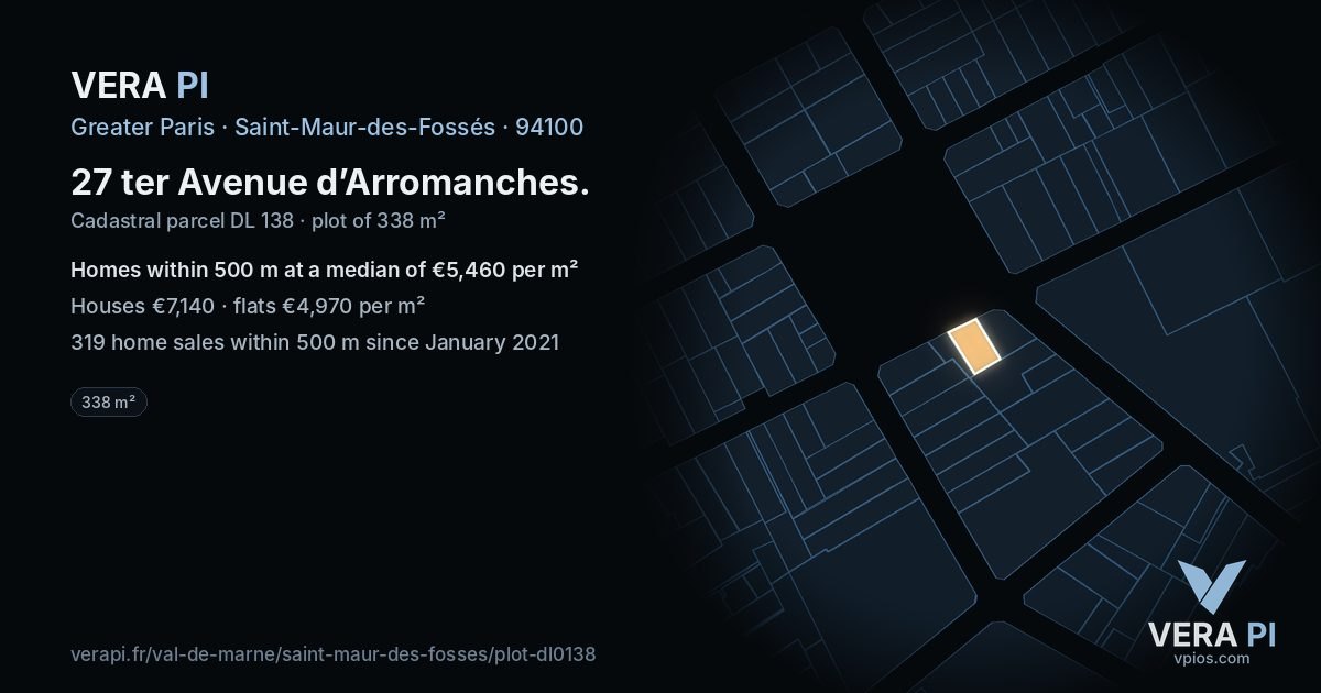 27 ter Avenue d’Arromanches, Saint-Maur-des-Fossés at night – the plot lit, the parcels around coloured by the prices near them