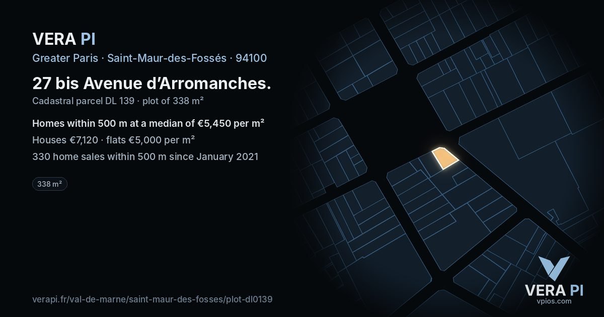 27 bis Avenue d’Arromanches, Saint-Maur-des-Fossés at night – the plot lit, the parcels around coloured by the prices near them
