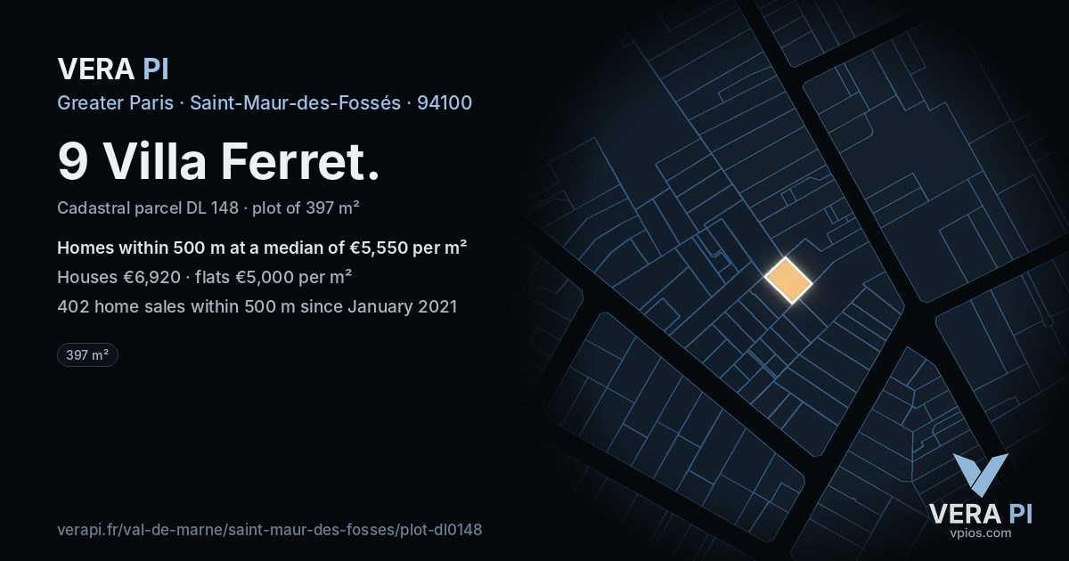 9 Villa Ferret, Saint-Maur-des-Fossés at night – the plot lit, the parcels around coloured by the prices near them