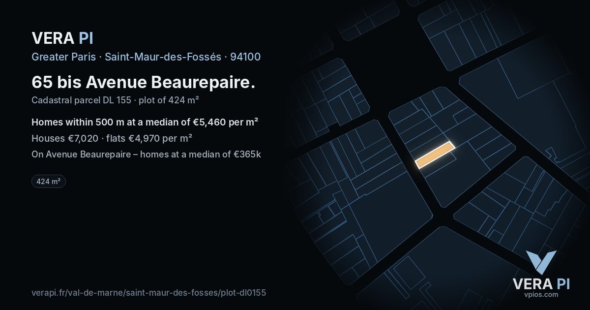 65 bis Avenue Beaurepaire, Saint-Maur-des-Fossés at night – the plot lit, the parcels around coloured by the prices near them