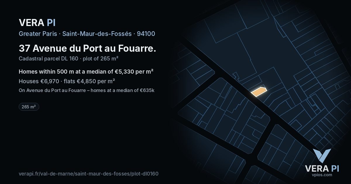 37 Avenue du Port au Fouarre, Saint-Maur-des-Fossés at night – the plot lit, the parcels around coloured by the prices near them