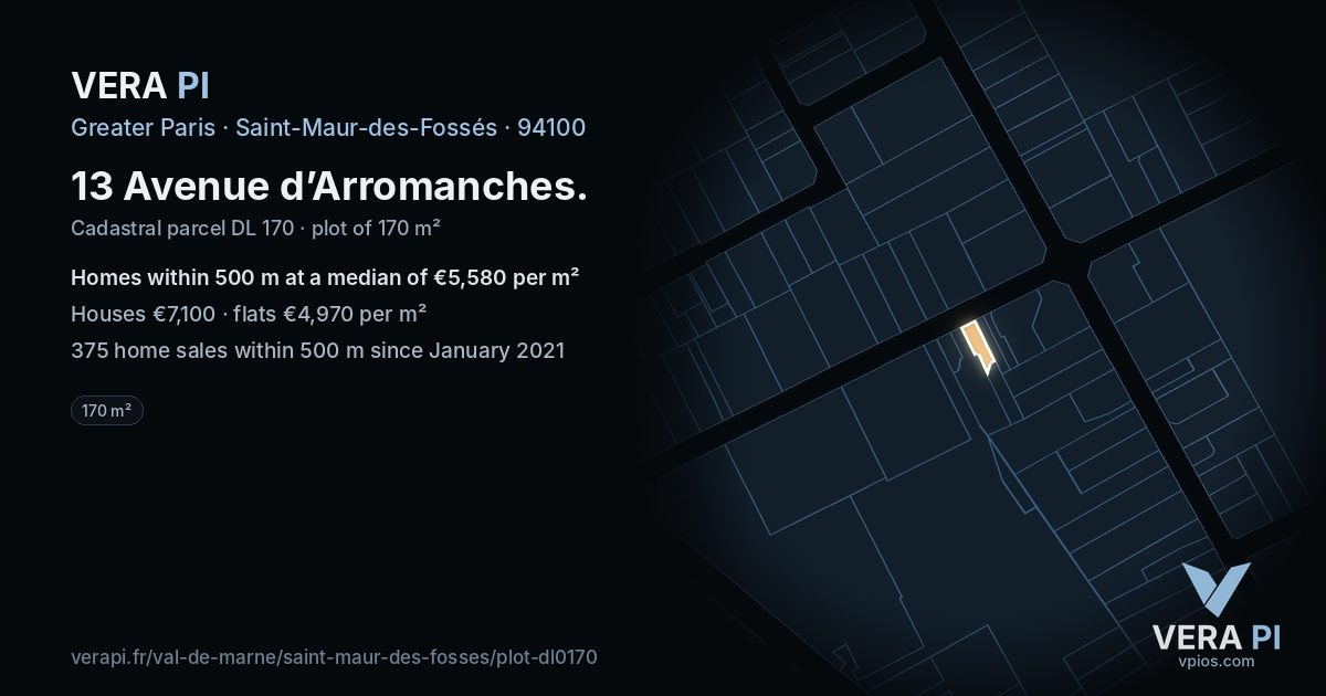 13 Avenue d’Arromanches, Saint-Maur-des-Fossés at night – the plot lit, the parcels around coloured by the prices near them