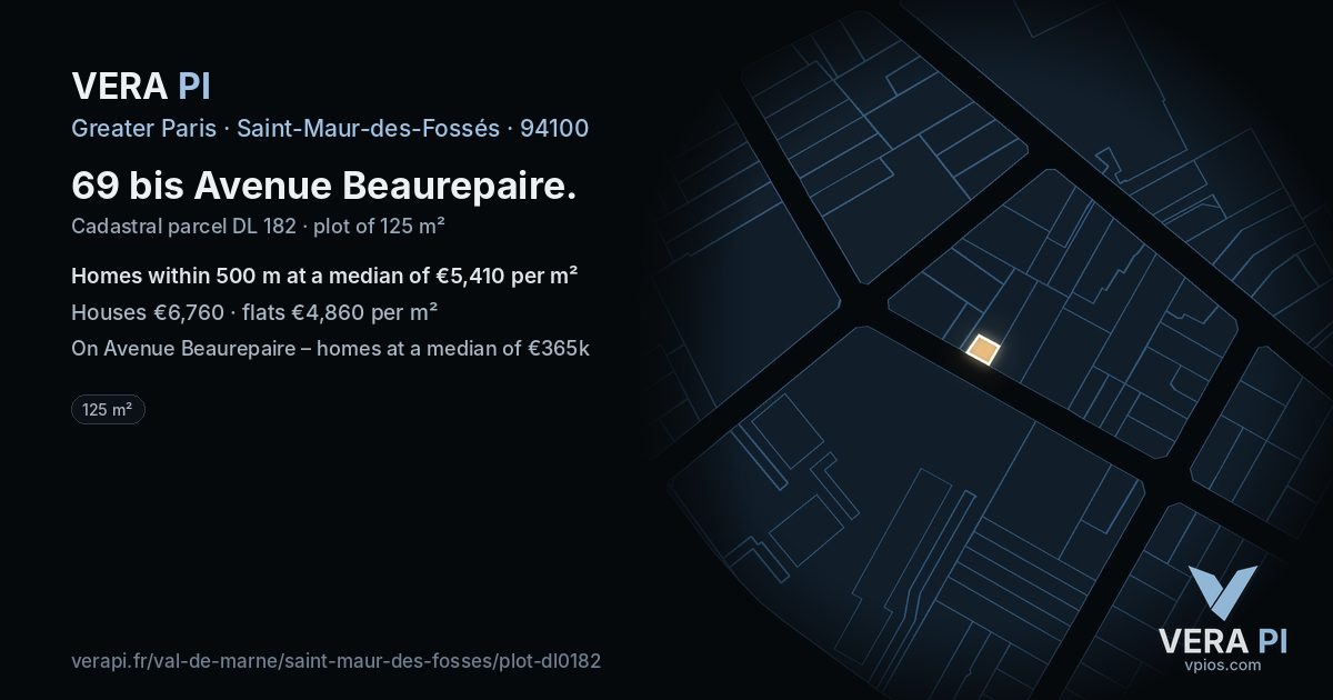 69 bis Avenue Beaurepaire, Saint-Maur-des-Fossés at night – the plot lit, the parcels around coloured by the prices near them
