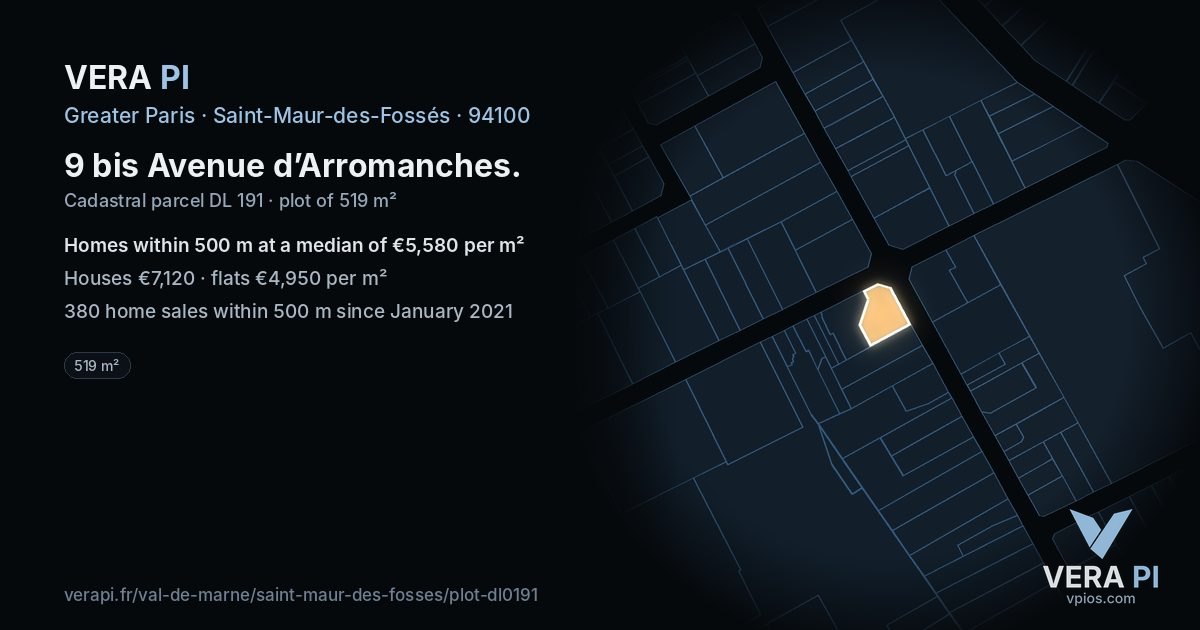 9 bis Avenue d’Arromanches, Saint-Maur-des-Fossés at night – the plot lit, the parcels around coloured by the prices near them