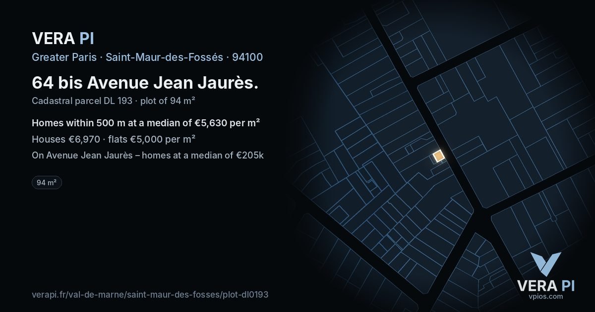 64 bis Avenue Jean Jaurès, Saint-Maur-des-Fossés at night – the plot lit, the parcels around coloured by the prices near them
