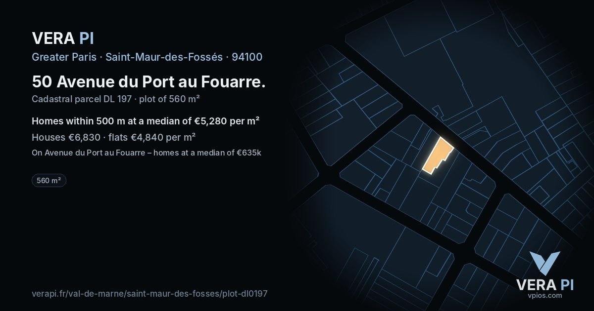 50 Avenue du Port au Fouarre, Saint-Maur-des-Fossés at night – the plot lit, the parcels around coloured by the prices near them