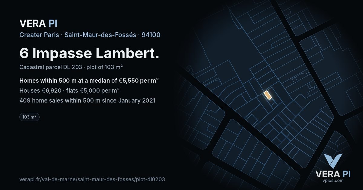 6 Impasse Lambert, Saint-Maur-des-Fossés at night – the plot lit, the parcels around coloured by the prices near them