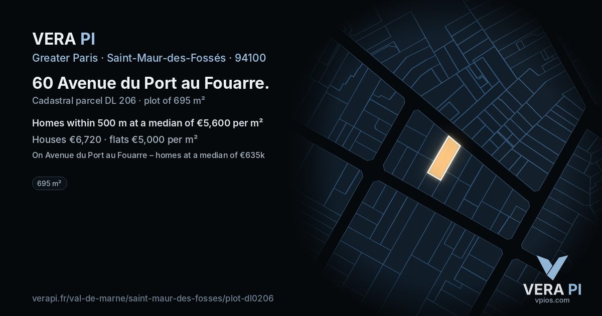 60 Avenue du Port au Fouarre, Saint-Maur-des-Fossés at night – the plot lit, the parcels around coloured by the prices near them