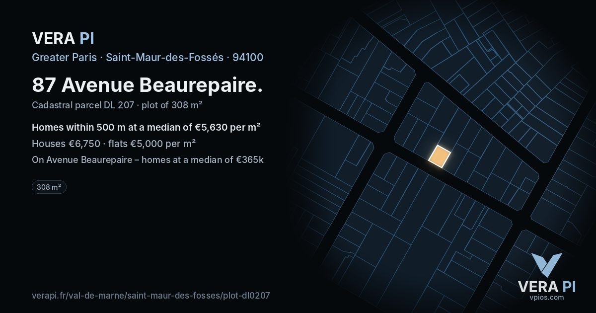 87 Avenue Beaurepaire, Saint-Maur-des-Fossés at night – the plot lit, the parcels around coloured by the prices near them