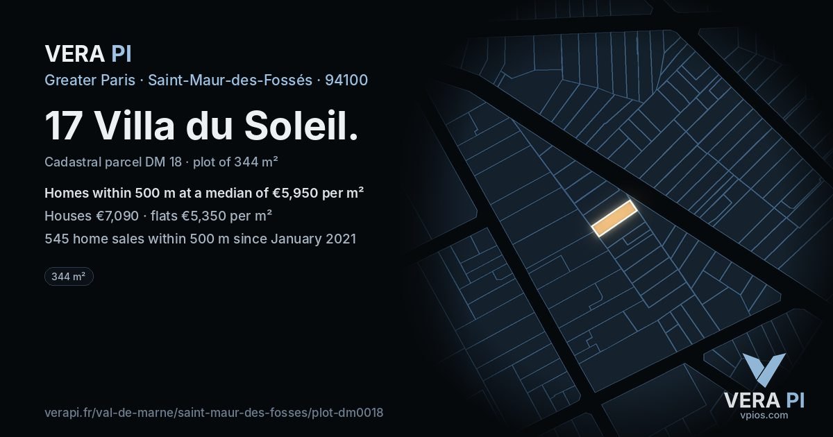 17 Villa du Soleil, Saint-Maur-des-Fossés at night – the plot lit, the parcels around coloured by the prices near them