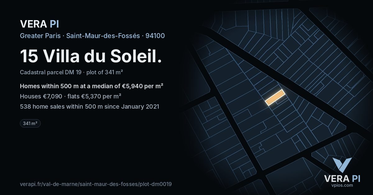15 Villa du Soleil, Saint-Maur-des-Fossés at night – the plot lit, the parcels around coloured by the prices near them