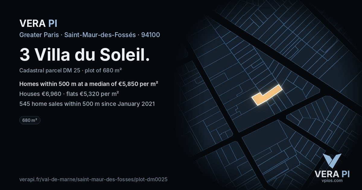3 Villa du Soleil, Saint-Maur-des-Fossés at night – the plot lit, the parcels around coloured by the prices near them