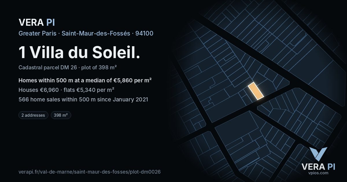 1 Villa du Soleil, Saint-Maur-des-Fossés at night – the plot lit, the parcels around coloured by the prices near them