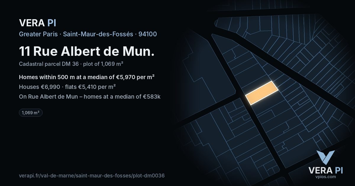 11 Rue Albert de Mun, Saint-Maur-des-Fossés at night – the plot lit, the parcels around coloured by the prices near them