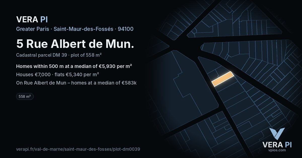5 Rue Albert de Mun, Saint-Maur-des-Fossés at night – the plot lit, the parcels around coloured by the prices near them