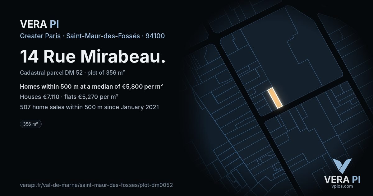 14 Rue Mirabeau, Saint-Maur-des-Fossés at night – the plot lit, the parcels around coloured by the prices near them