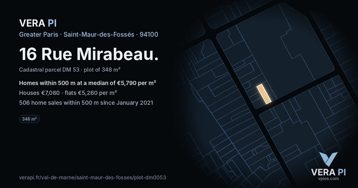 16 Rue Mirabeau, Saint-Maur-des-Fossés at night – the plot lit, the parcels around coloured by the prices near them