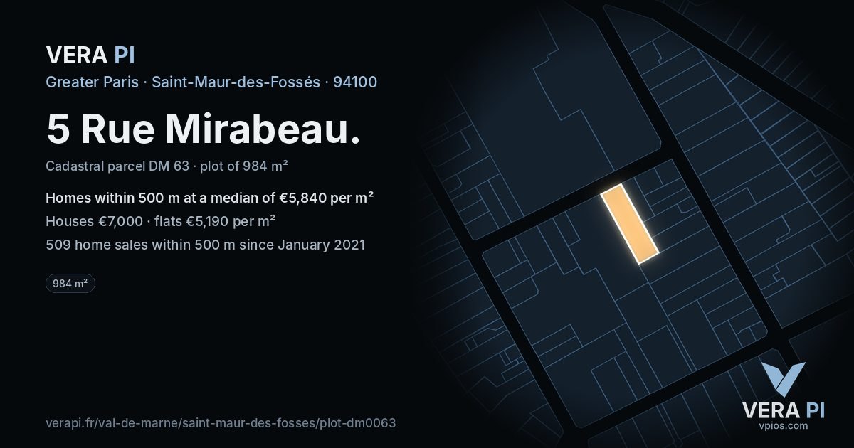 5 Rue Mirabeau, Saint-Maur-des-Fossés at night – the plot lit, the parcels around coloured by the prices near them
