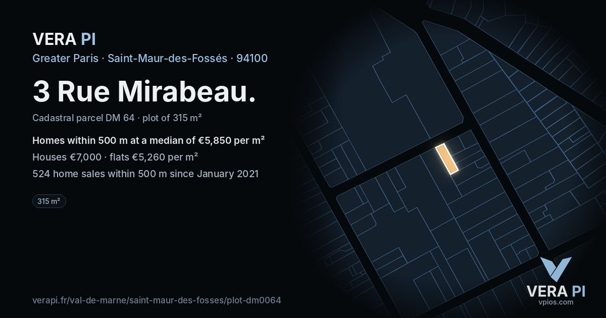3 Rue Mirabeau, Saint-Maur-des-Fossés at night – the plot lit, the parcels around coloured by the prices near them