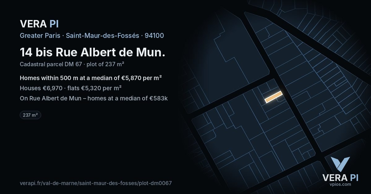 14 bis Rue Albert de Mun, Saint-Maur-des-Fossés at night – the plot lit, the parcels around coloured by the prices near them