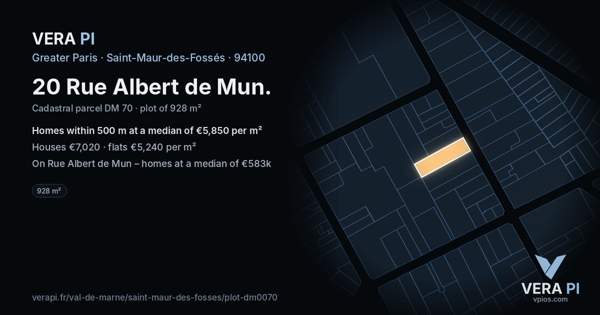 20 Rue Albert de Mun, Saint-Maur-des-Fossés at night – the plot lit, the parcels around coloured by the prices near them