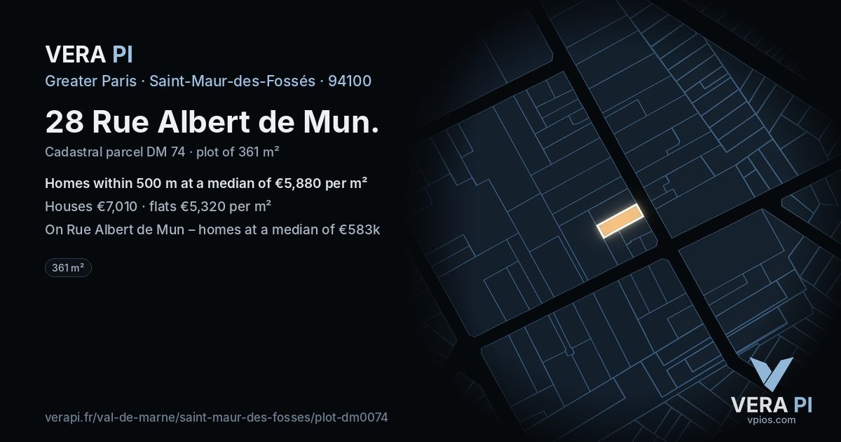 28 Rue Albert de Mun, Saint-Maur-des-Fossés at night – the plot lit, the parcels around coloured by the prices near them