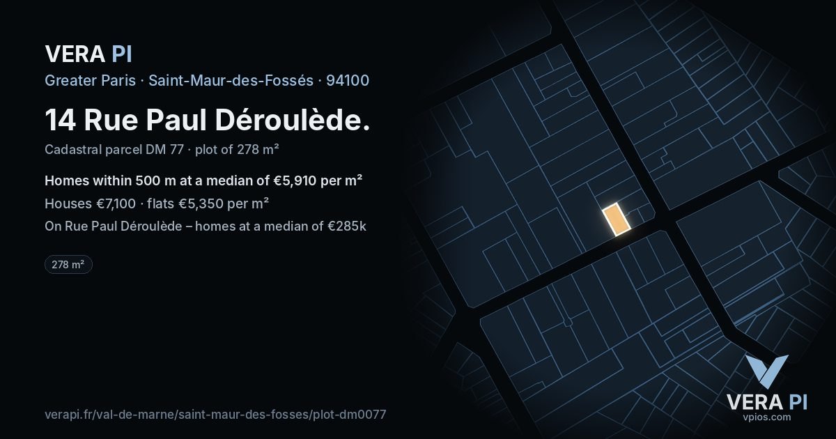 14 Rue Paul Déroulède, Saint-Maur-des-Fossés at night – the plot lit, the parcels around coloured by the prices near them