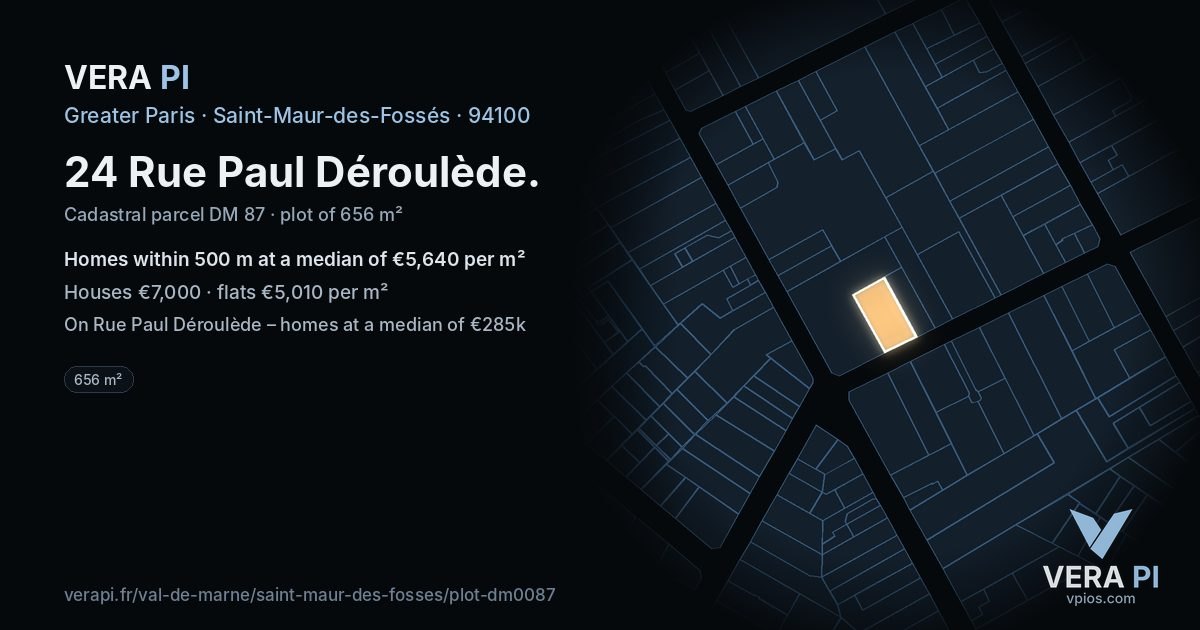 24 Rue Paul Déroulède, Saint-Maur-des-Fossés at night – the plot lit, the parcels around coloured by the prices near them