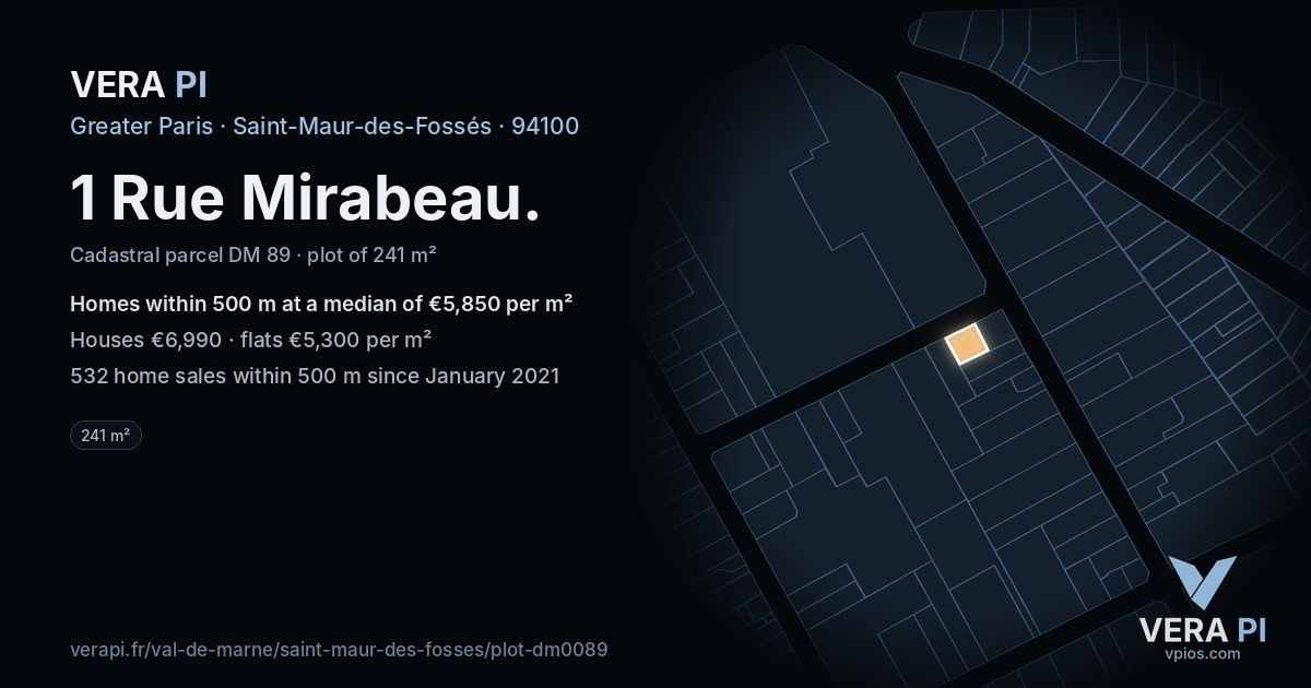 1 Rue Mirabeau, Saint-Maur-des-Fossés at night – the plot lit, the parcels around coloured by the prices near them