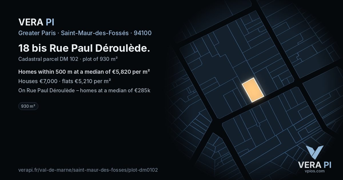 18 bis Rue Paul Déroulède, Saint-Maur-des-Fossés at night – the plot lit, the parcels around coloured by the prices near them