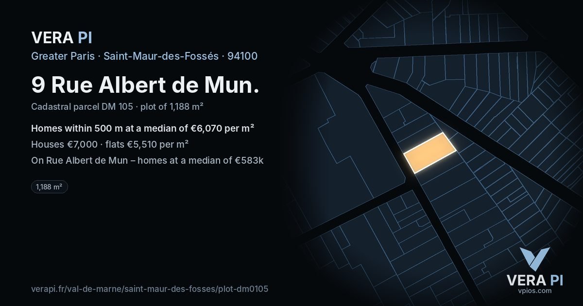 9 Rue Albert de Mun, Saint-Maur-des-Fossés at night – the plot lit, the parcels around coloured by the prices near them