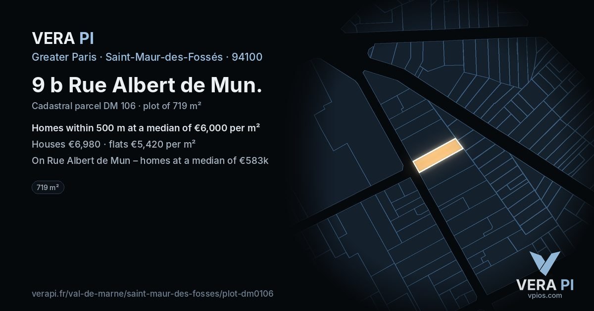 9 b Rue Albert de Mun, Saint-Maur-des-Fossés at night – the plot lit, the parcels around coloured by the prices near them