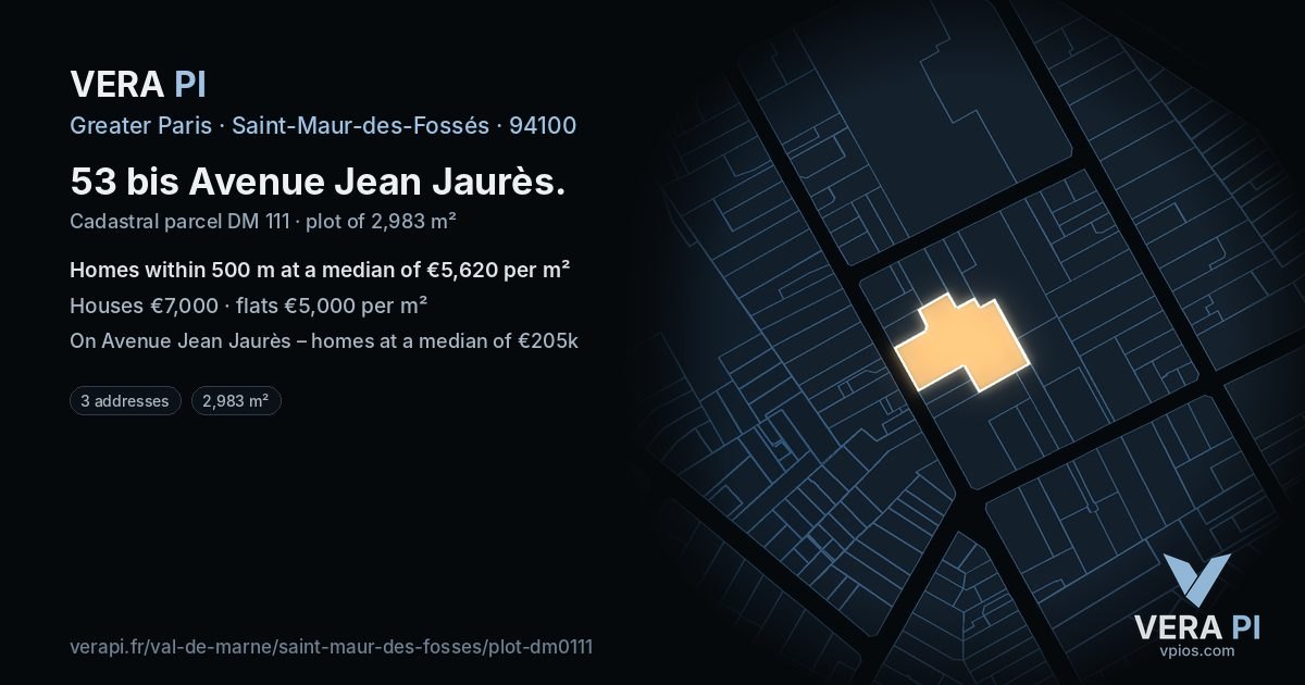 53 bis Avenue Jean Jaurès, Saint-Maur-des-Fossés at night – the plot lit, the parcels around coloured by the prices near them