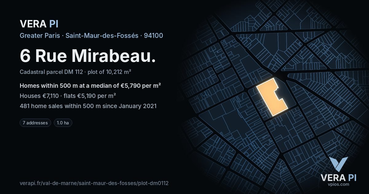 6 Rue Mirabeau, Saint-Maur-des-Fossés at night – the plot lit, the parcels around coloured by the prices near them