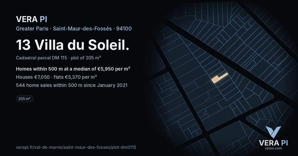 13 Villa du Soleil, Saint-Maur-des-Fossés at night – the plot lit, the parcels around coloured by the prices near them