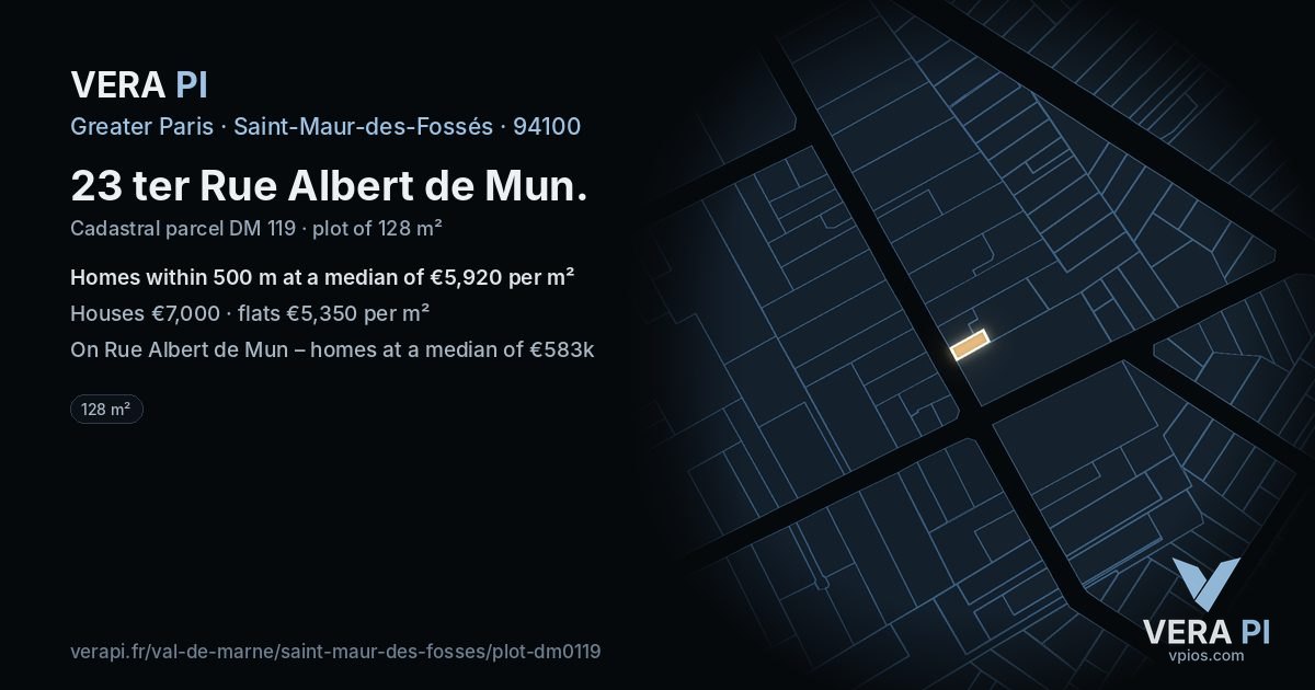 23 ter Rue Albert de Mun, Saint-Maur-des-Fossés at night – the plot lit, the parcels around coloured by the prices near them