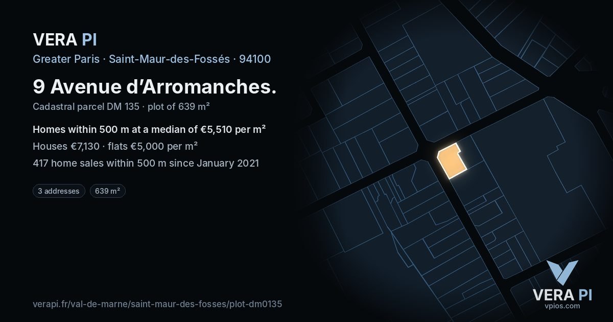 9 Avenue d’Arromanches, Saint-Maur-des-Fossés at night – the plot lit, the parcels around coloured by the prices near them