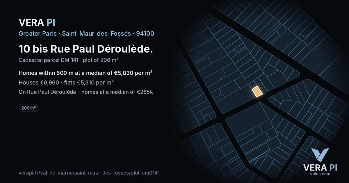 10 bis Rue Paul Déroulède, Saint-Maur-des-Fossés at night – the plot lit, the parcels around coloured by the prices near them