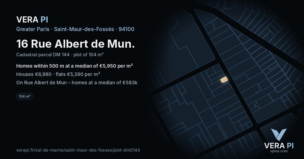 16 Rue Albert de Mun, Saint-Maur-des-Fossés at night – the plot lit, the parcels around coloured by the prices near them