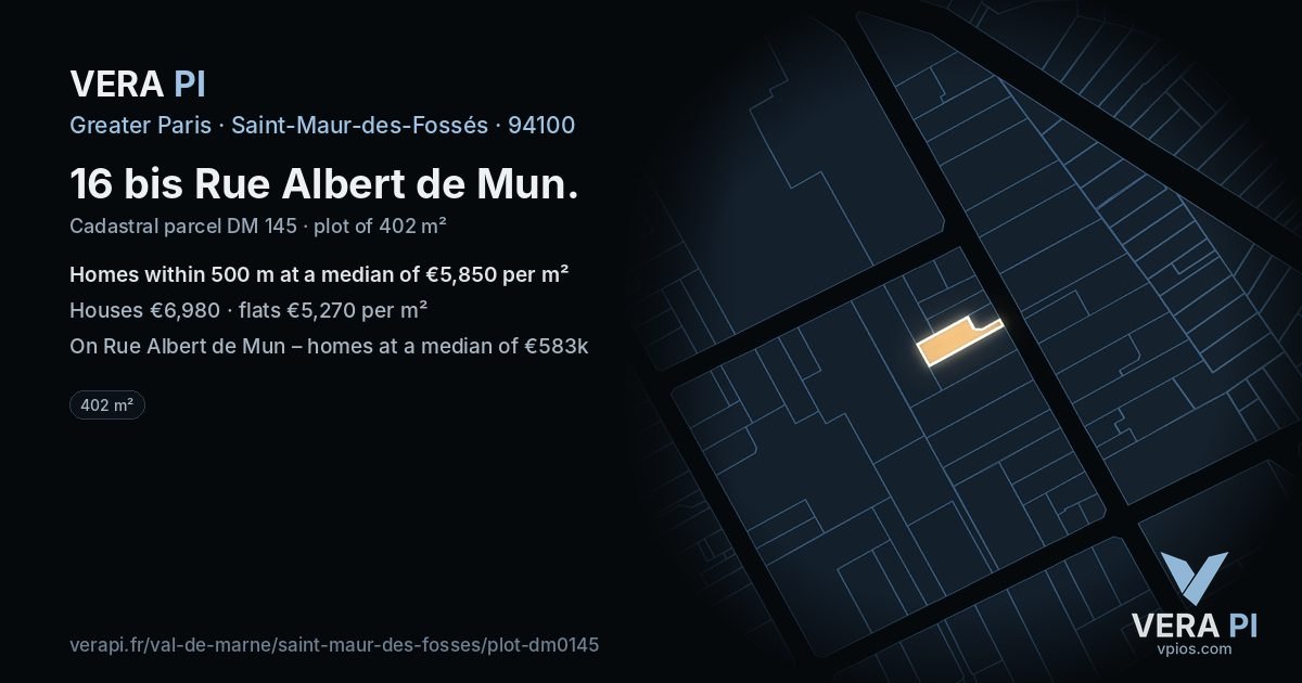 16 bis Rue Albert de Mun, Saint-Maur-des-Fossés at night – the plot lit, the parcels around coloured by the prices near them