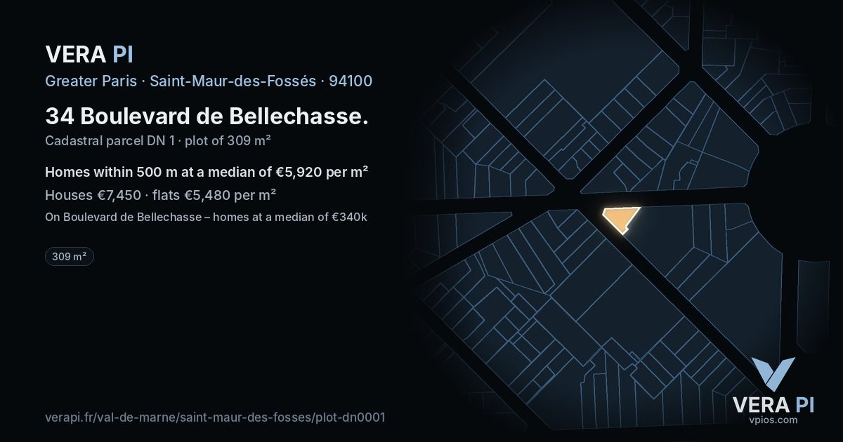 34 Boulevard de Bellechasse, Saint-Maur-des-Fossés at night – the plot lit, the parcels around coloured by the prices near them