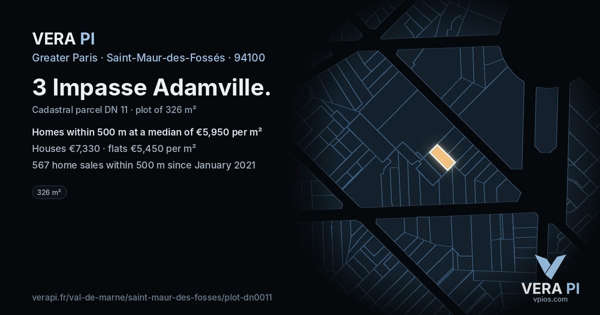 3 Impasse Adamville, Saint-Maur-des-Fossés at night – the plot lit, the parcels around coloured by the prices near them