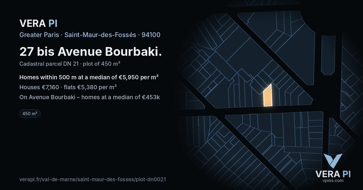 27 bis Avenue Bourbaki, Saint-Maur-des-Fossés at night – the plot lit, the parcels around coloured by the prices near them