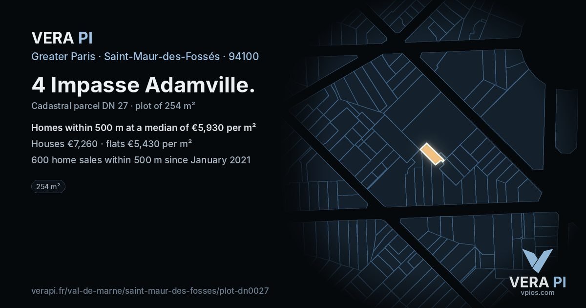 4 Impasse Adamville, Saint-Maur-des-Fossés at night – the plot lit, the parcels around coloured by the prices near them