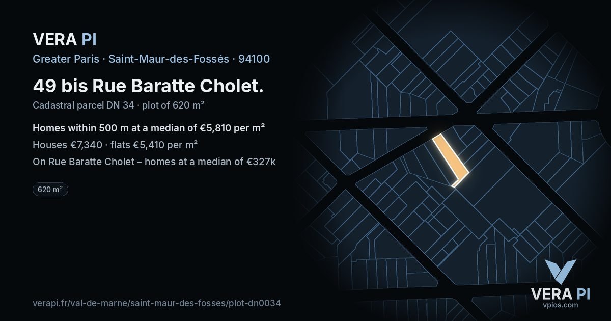 49 bis Rue Baratte Cholet, Saint-Maur-des-Fossés at night – the plot lit, the parcels around coloured by the prices near them