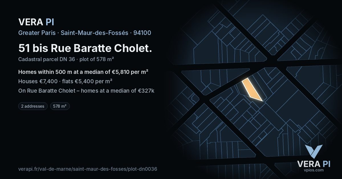 51 bis Rue Baratte Cholet, Saint-Maur-des-Fossés at night – the plot lit, the parcels around coloured by the prices near them